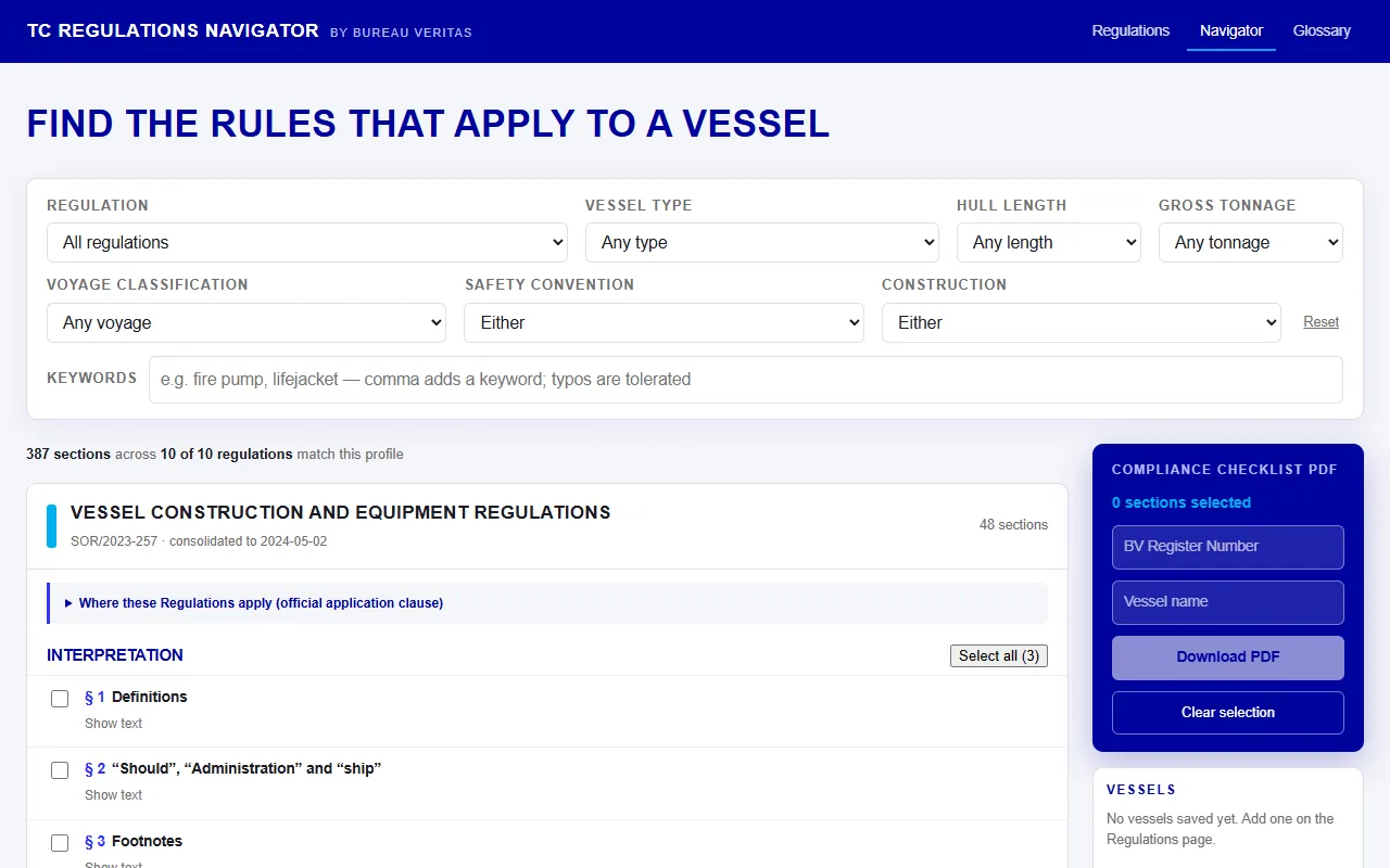 TC Regulations Finder — screen 1 of 2