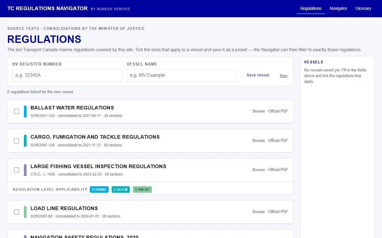 TC Regulations Finder — screen 2 of 2